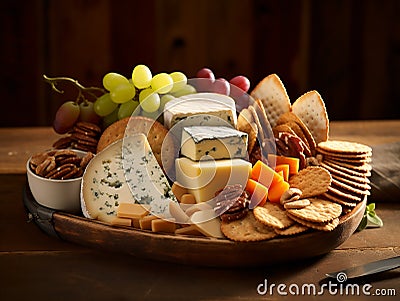 cheeses and crisp crackers in a rustic basket Stock Photo