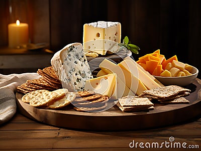cheeses and crisp crackers in a rustic basket Stock Photo
