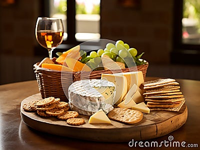 cheeses and crisp crackers in a rustic basket Stock Photo