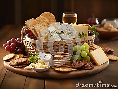 cheeses and crisp crackers in a rustic basket Stock Photo