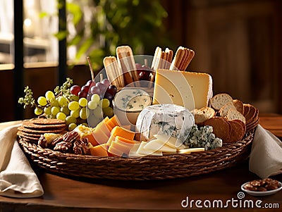 cheeses and crisp crackers in a rustic basket Stock Photo