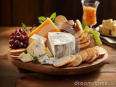 cheeses and crisp crackers in a rustic basket Stock Photo