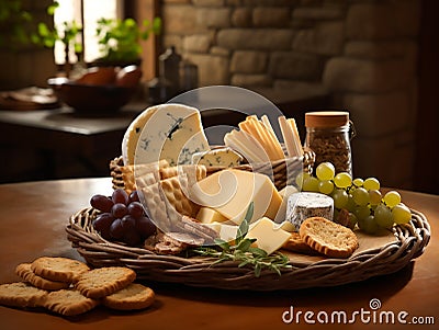 cheeses and crisp crackers in a rustic basket Stock Photo