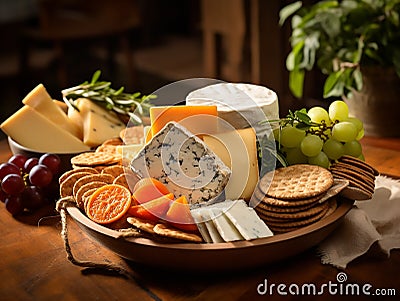 cheeses and crisp crackers in a rustic basket Stock Photo