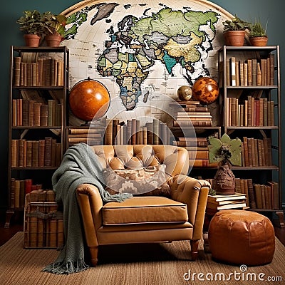 Wanderlust in Words: Travel-Themed Library Interiors Cartoon Illustration