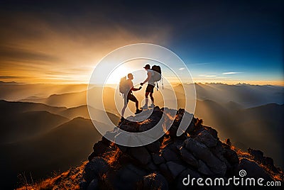 Hiker extends a helping hand to his friend, reaching for the mountain top as the sun sets Stock Photo