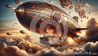 Roses of Steel: AI-Generated Steampunk Airship Adventure Stock Photo