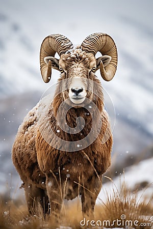 The Resilient Wild Sheep in the snow mountain Stock Photo