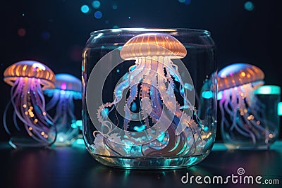 Underwater Spectrum: Rainbow Illumination of Jellyfish in a Jar Stock Photo