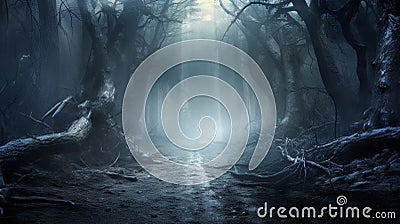 Ethereal Journey: Ghostly Figures in the Misty Forest Stock Photo