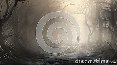 Ethereal Journey: Ghostly Figures in the Misty Forest Stock Photo