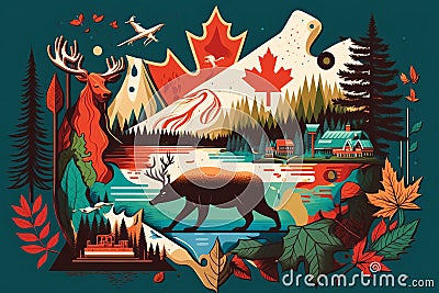 Whimsical Journey Through Canada: From Vibrant Forests to Iconic Landmarks Cartoon Illustration