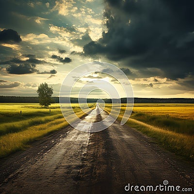 Tranquil Journey: Rural Road Under Majestic Rainclouds Stock Photo