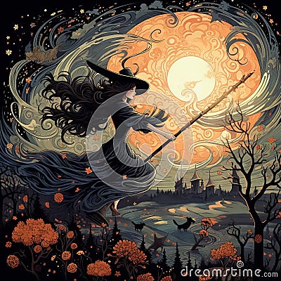 Night of the Witch: A Bewitching Halloween Flight Cartoon Illustration