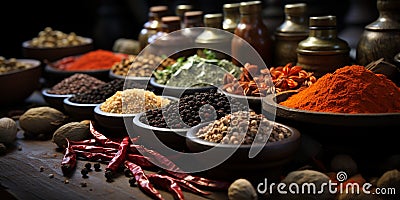 Dishes full of different Sri Lankan spice powders and grains Stock Photo