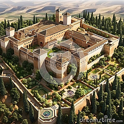 The Alhambra Spain detailed 3D isometric perspective of the Alhambra in Granada AI GENERATED Stock Photo