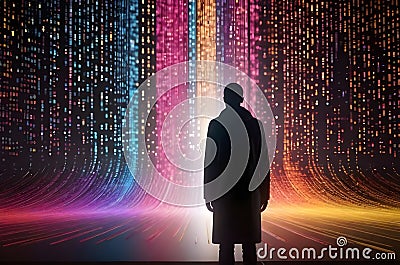 man entering or walking into future digital world, businessman on binary code background, digital world concept Cartoon Illustration