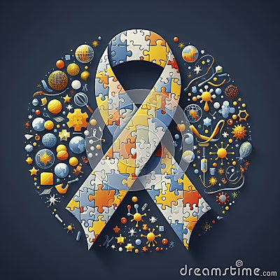 Collective Progress: Puzzle Ribbon of Worldwide Research Breakthroughs Unleashed Stock Photo