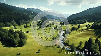 Alpine Tapestry: A Breathtaking Aerial View of Bavarian Serenity in Summer Stock Photo
