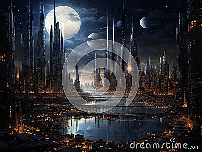 Cosmic & Urban Dance: Oil Fusion of Celestial Wonders with City's Architectural Pulse Stock Photo