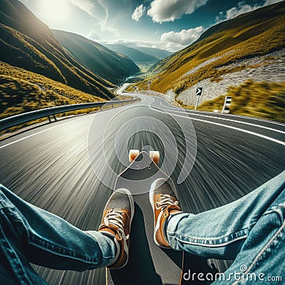 Skateboarder takes an exhilarating ride down a winding country road Stock Photo
