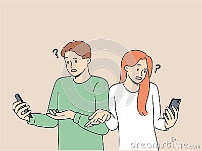 Embarrassed people with phone see error connecting to internet wifi or dead battery of gadget shrug Vector Illustration