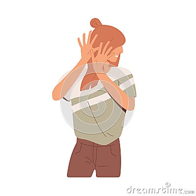 Embarrassed woman hiding her face behind hands, feeling disgust, fear and shame. Frightened sensitive person with Vector Illustration