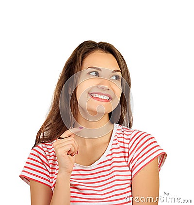 Embarrassed young woman laughs. emotional girl isolated on white background Stock Photo
