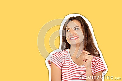 Embarrassed young woman laughs. emotional girl Magazine collage style with trendy color Stock Photo