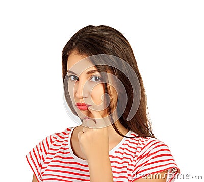 Embarrassed young woman laughs look at the camera. emotional girl isolated on white background Stock Photo