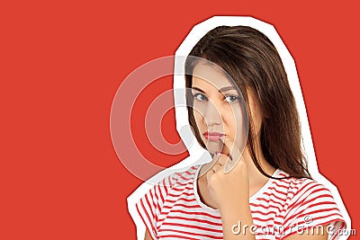 Embarrassed young woman laughs look at the camera. emotional girl Magazine collage style with trendy color background Stock Photo