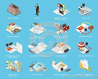 Embassy Services Support Isometric Set Vector Illustration