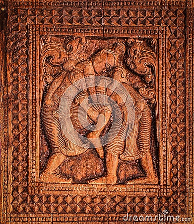 Wood carvings of embekka devalaya Stock Photo