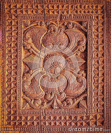 Wood carvings of embekka devalaya Stock Photo