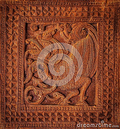 Wood carvings of embekka devalaya Stock Photo