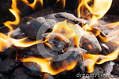 Embers and blazing fire on a bbq grill Stock Photo