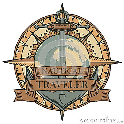 Emblem with anchor, wind rose and planet Earth Vector Illustration