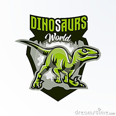 Emblem, badge, sticker, dinosaur logo on the hunt. Predator Jurassic, a dangerous beast, an extinct animal, a mascot Vector Illustration