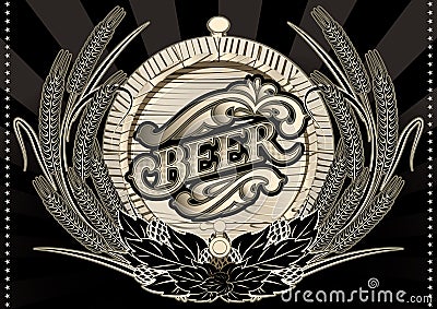 Emblem beer barrel and barley for menu Vector Illustration