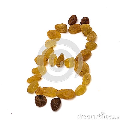 Emblem of bitcoin from raisins, on white isolated background Stock Photo