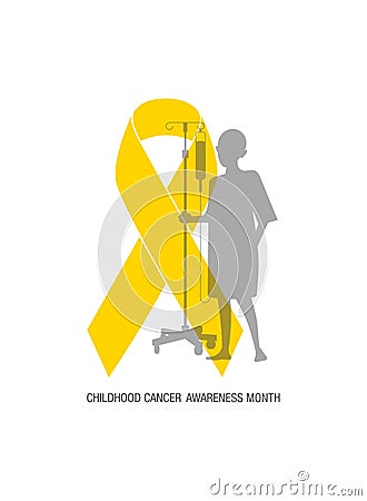 Emblem for a childhood cancer awareness month, picturing little bold head patient with drip stand, standing behind big yellow ribb Vector Illustration