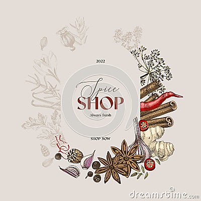 Emblem for a fresh spice shop on biege background Vector Illustration