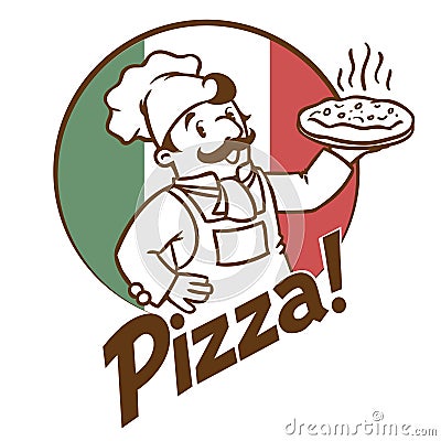 Emblem of funny cook or baker with pizza and logo Vector Illustration