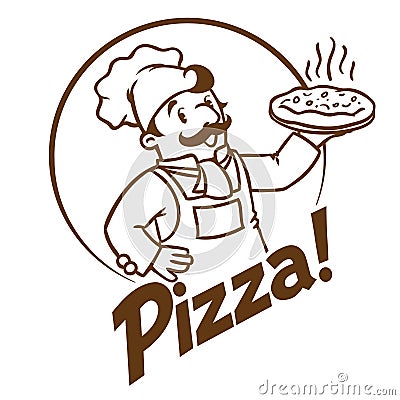 Emblem of funny cook or baker with pizza and logo Vector Illustration