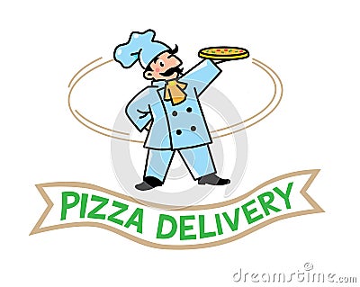 Emblem of funny cook or baker with pizza and logo Vector Illustration