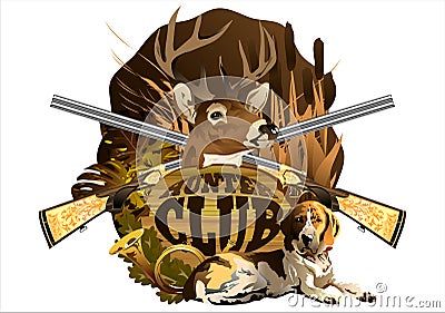 The emblem of the hunting club with the head of a deer, a dog and guns. Vector Illustration