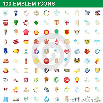 100 emblem icons set, cartoon style Vector Illustration