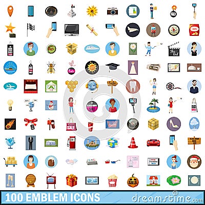 100 emblem icons set, cartoon style Vector Illustration