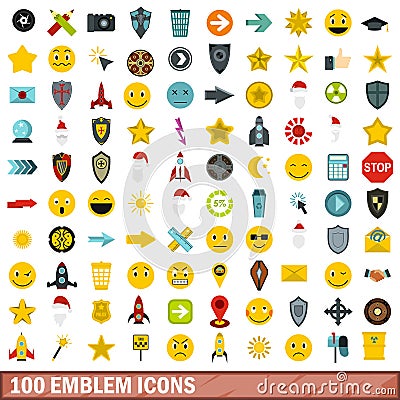 100 emblem icons set, flat style Vector Illustration