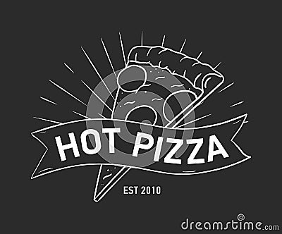 Emblem or logo with pizza slice and ribbon, tape or strip hand drawn with contour lines on black background. Monochrome Vector Illustration